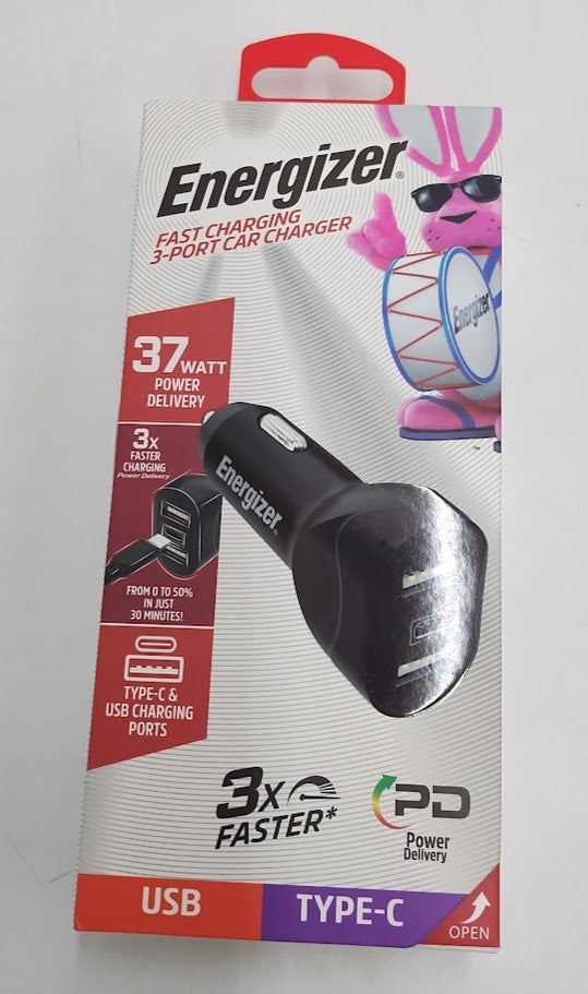 Energizer Car Accessory 3 Port Power Delivery Car Charger: USB-C & USB