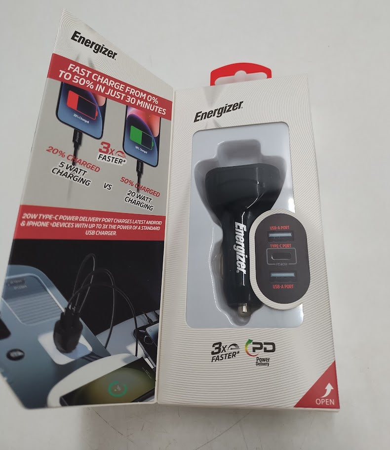 Energizer Car Accessory 3 Port Power Delivery Car Charger: USB-C & USB