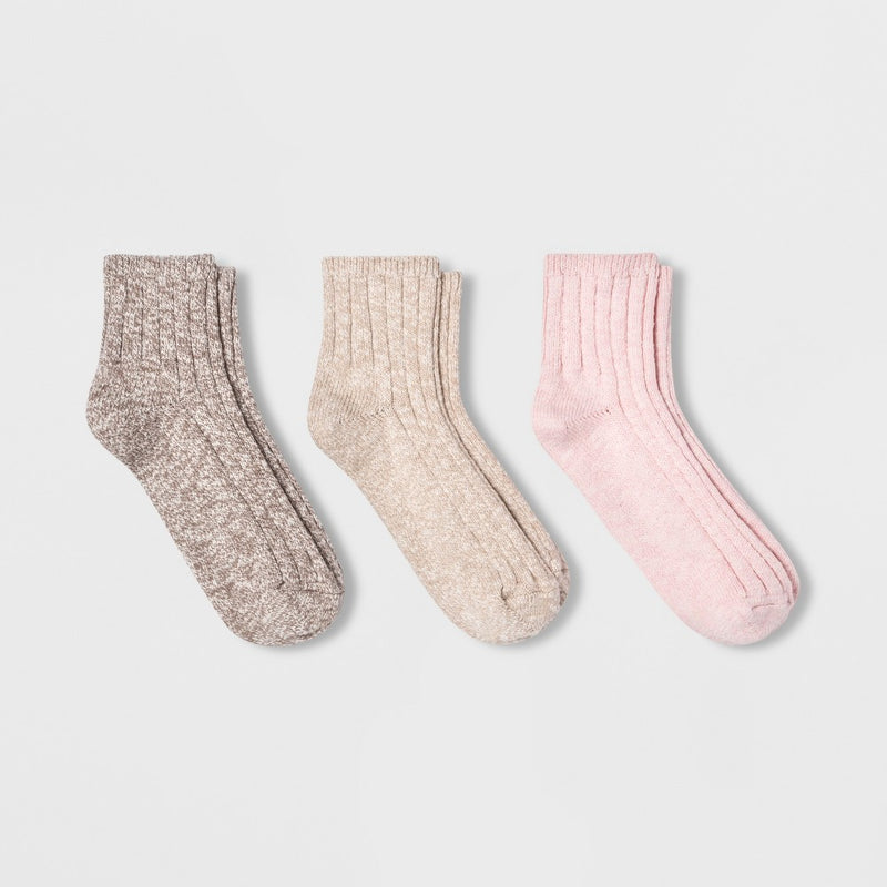 Women's Slub 3pk Ankle Socks - Universal Thread& - Pink/Cream One Size