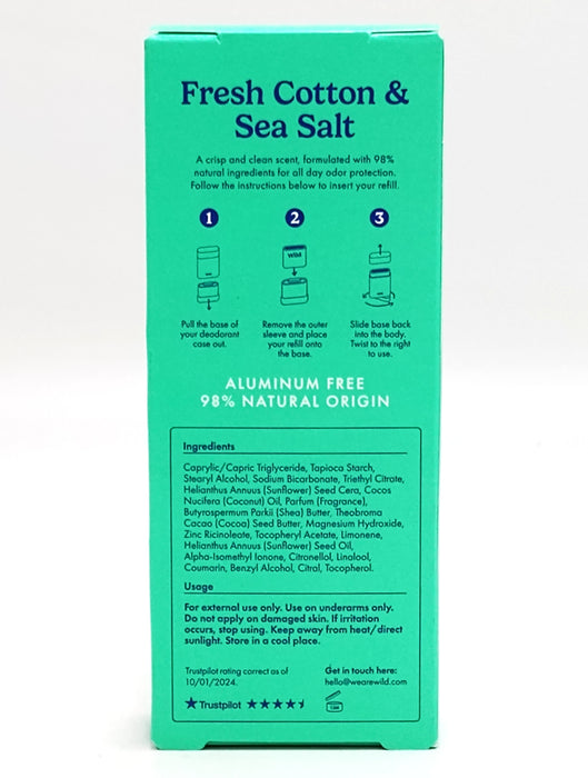 Wild Cosmetics - Refillable Black Case with Fresh Cotton & Sea Salt - Aluminum Free Deodorant - Starter Pack - 5.29oz