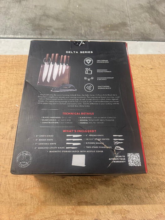 Schmidt Bros Cutlery 14pc Knife Block Set Delta: Stainless Steel Blades, Wood Handles, Includes Sharpener & Steak Knives