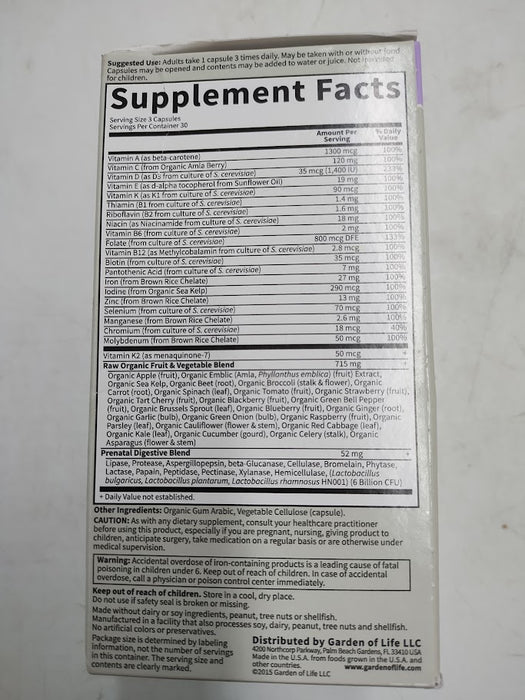 Garden Of Life, Raw Vitamin Code Prenatal 90 Organic, 90 Count EXP 04/2026