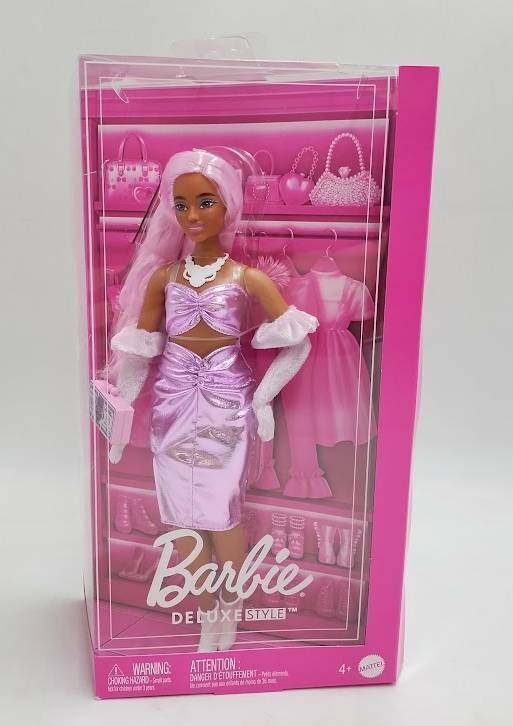 Barbie Deluxe Style 11" Doll #1 in Glossy Pink Barbiecore Dress with Velvet Gloves, Pink Hair