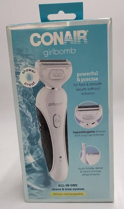 Conair Girlbomb Wet and Dry Cordless Rechargeable Foil Body Shaver with Facial,Eyebrow and Bikini Trimmer Attachments Set - 5pc.SEE DETAILS.