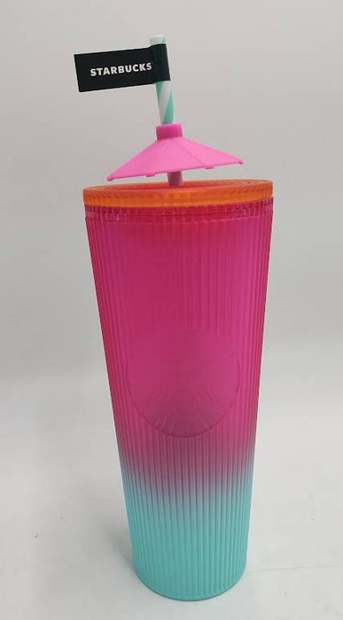 Starbucks 2025 Summer Pleated Pink & Blue Ombré 24oz Tumbler w Umbrella Topper