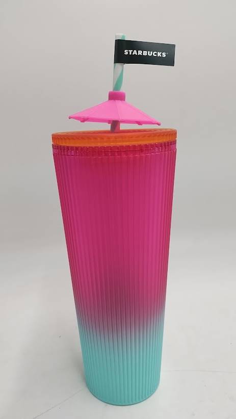 Starbucks 2025 Summer Pleated Pink & Blue Ombré 24oz Tumbler w Umbrella Topper