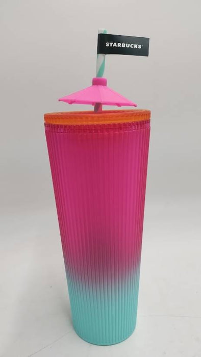 Starbucks 2025 Summer Pleated Pink & Blue Ombré 24oz Tumbler w Umbrella Topper