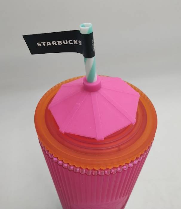 Starbucks 2025 Summer Pleated Pink & Blue Ombré 24oz Tumbler w Umbrella Topper