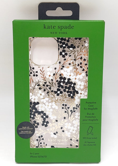 Kate Spade New York Apple iPhone16e/iPhone 15/iPhone 14/iPhone 13 Protective Case with MagSafe - Black & White Floral with Gems