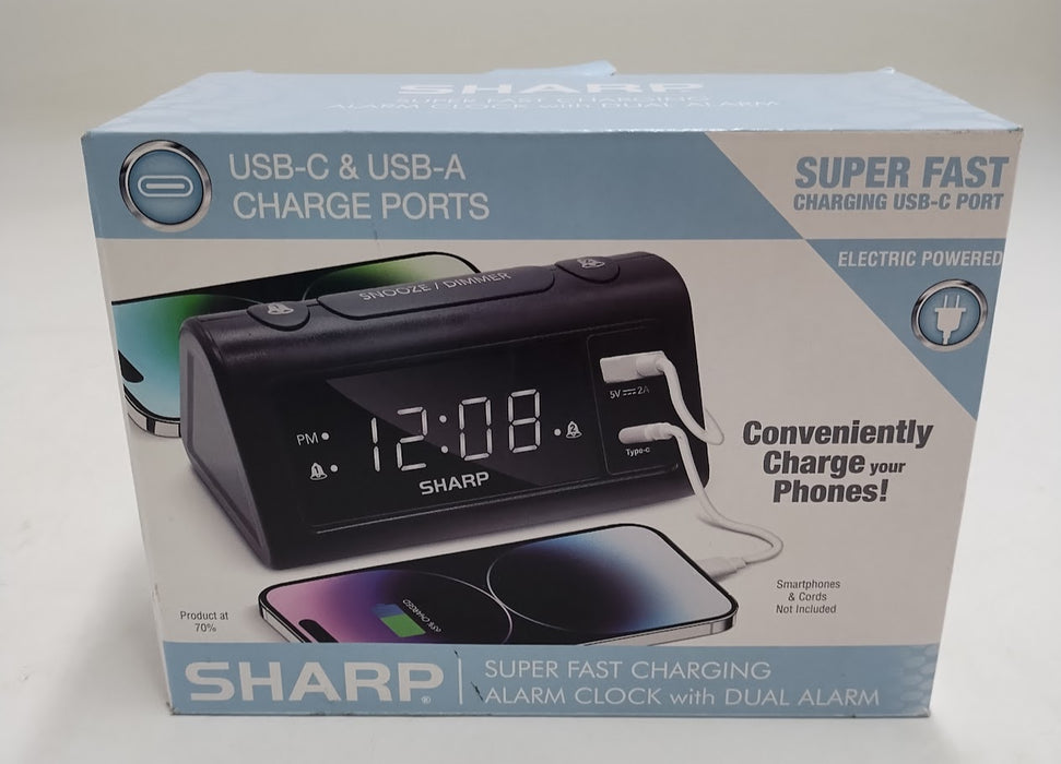 Sharp Digital Dual Alarm Clock with A/C USB Charge Ports Black