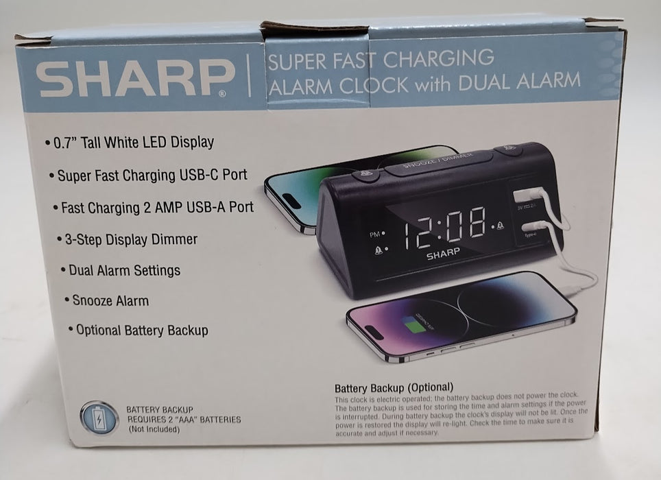 Sharp Digital Dual Alarm Clock with A/C USB Charge Ports Black