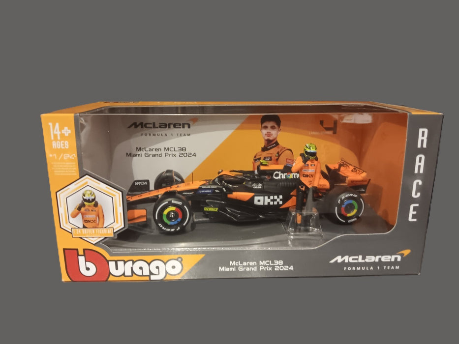Maisto Formula Racing Diecast Assortment with Driver Figure 1:24 Scale MCLAREN MCL38 MIAMI GRAND PRIX 2024