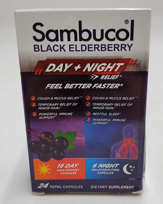Sambucol Black Elderberry Day & Night Cough Relief - Immune Support Capsules - 24ct EXP :04/2027