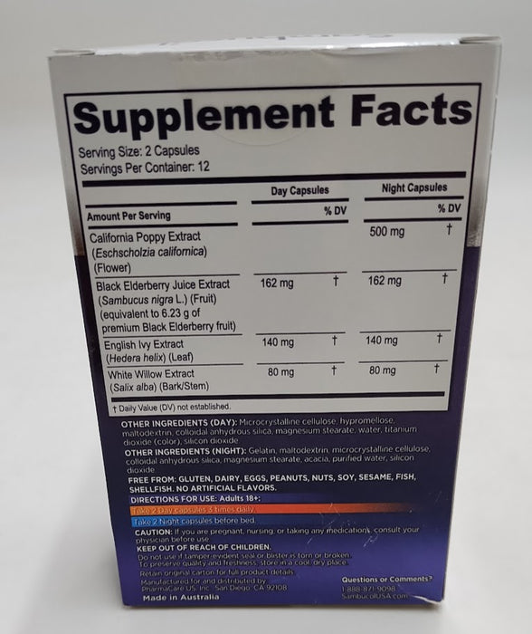 Sambucol Black Elderberry Day & Night Cough Relief - Immune Support Capsules - 24ct EXP :04/2027
