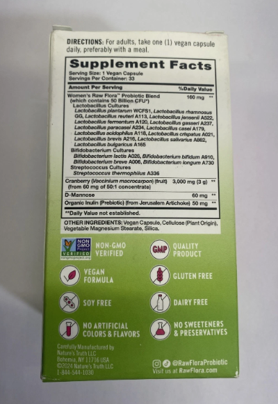 Raw Flora Probiotics For Women | 50 Billion CFU | 33 Capsules EXP: 08/2026