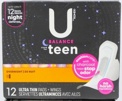 U by Kotex Teen Ultra Thin Feminine Pads with Wings Overnight Unscented 12 Count