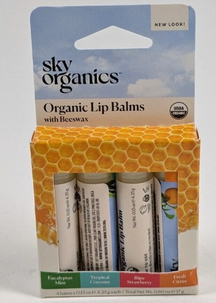 Sky Organics Organic Lip Balms With Beeswax - Assorted Flavors 4pk.
