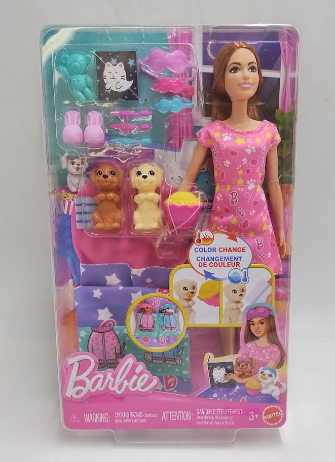 Barbie Doll & Puppy Slumber Party Playset with 2pc Toy Dog Figures & Accessories