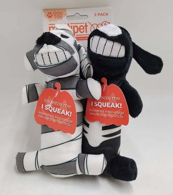 Multipet Loofa Skeleton and Mummy Dog Interactive Plush Toy - White/Black 2pk