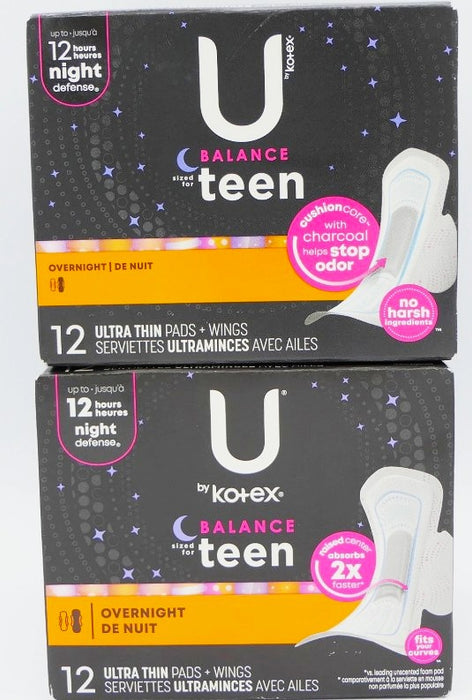 U by Kotex Teen Ultra Thin Feminine Pads with Wings Overnight Unscented 12 Count