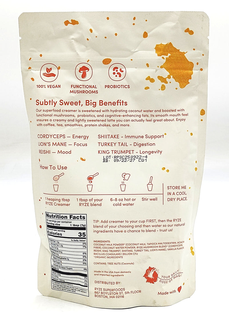 RYZE SUPERFOODS Probiotic Coffee Creamer - Gluten Free 30 Servings EXP:09/27