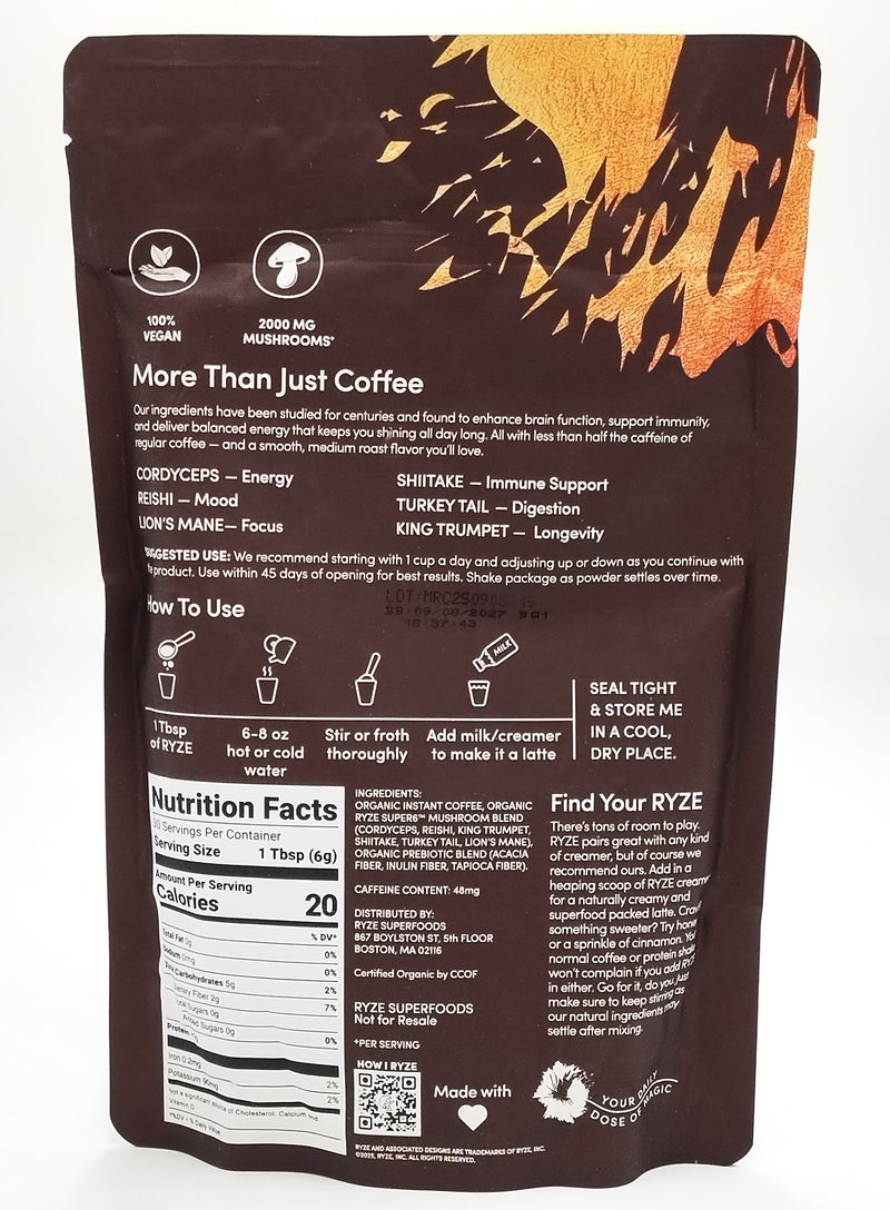 RYZE SUPERFOODS Mushroom Coffee "Bright & Smooth" 30 Servings EXP:09/2027