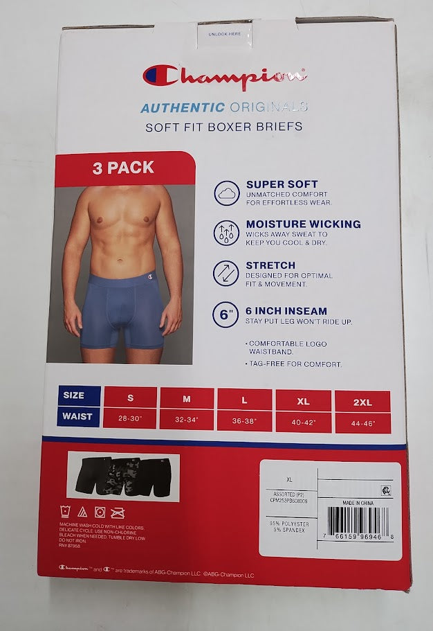 Champion Men's Authentic Originals 3pk Wicking Boxer Briefs - Camouflage Black/Gray XL