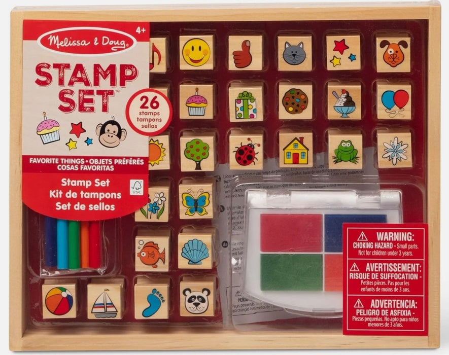Melissa & Doug Wooden Stamp Set, Favorite Things - 26 Wooden Stamps, 4-Color Stamp Pad