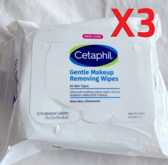 3 PACK!!! Cetaphil Makeup Removing Wipes - Unscented - 25ct