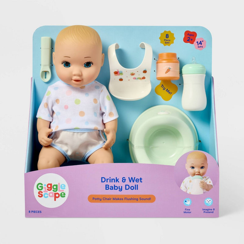 14" Drink and Wet Baby Doll - Blonde Hair + Blue Eyes - Gigglescape: Includes Accessories & Potty Chair