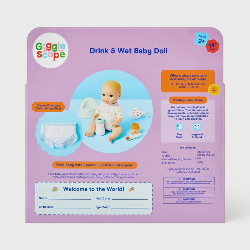 14" Drink and Wet Baby Doll - Blonde Hair + Blue Eyes - Gigglescape: Includes Accessories & Potty Chair