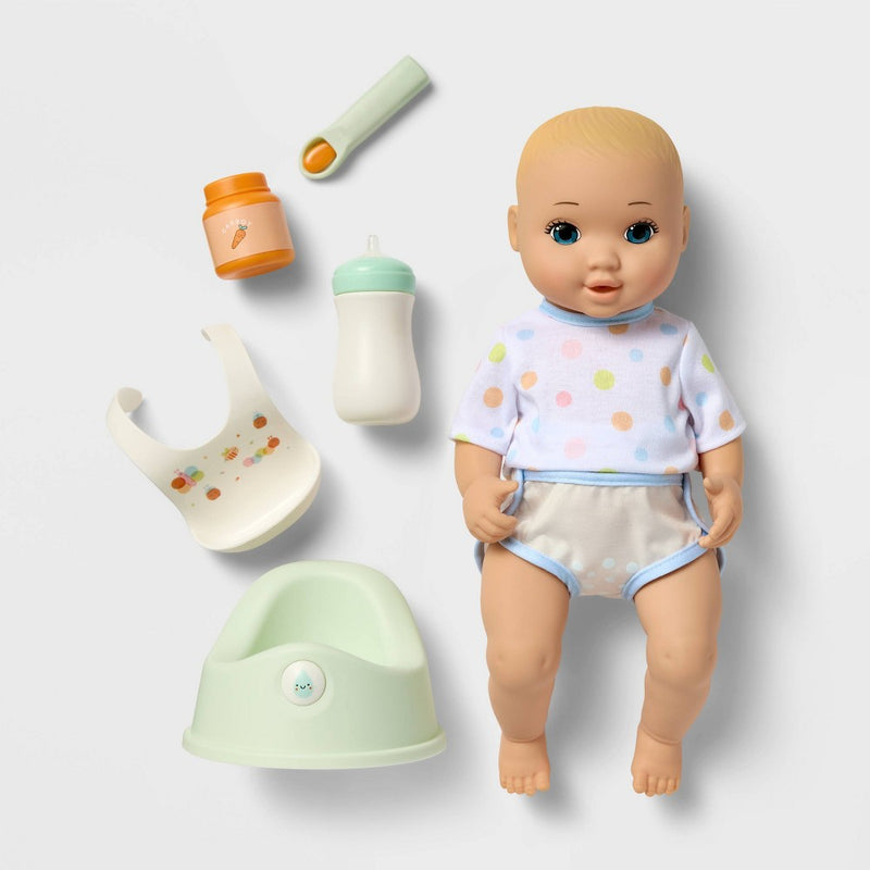 14" Drink and Wet Baby Doll - Blonde Hair + Blue Eyes - Gigglescape: Includes Accessories & Potty Chair