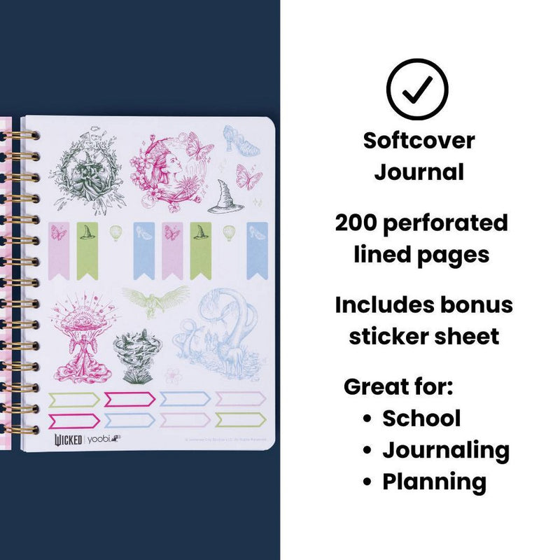 Wicked x Yoobi Journal Glinda 6"x8" Lined Spiral Softcover Notebook with Elastic Band and Sticker Sheet 200 Lined Pages