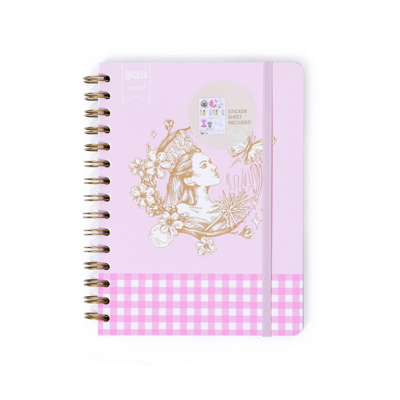 Wicked x Yoobi Journal Glinda 6"x8" Lined Spiral Softcover Notebook with Elastic Band and Sticker Sheet 200 Lined Pages
