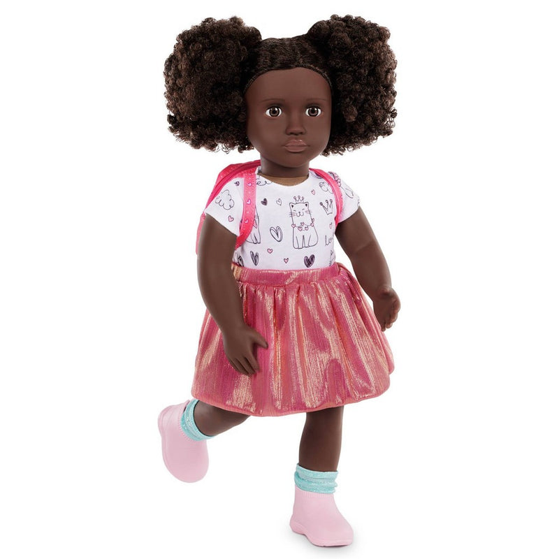 Our Generation Virginia Posable 18'' School Doll with Storybook & Accessories Set: Black Curly Hair, Brown Eyes, Backpack
