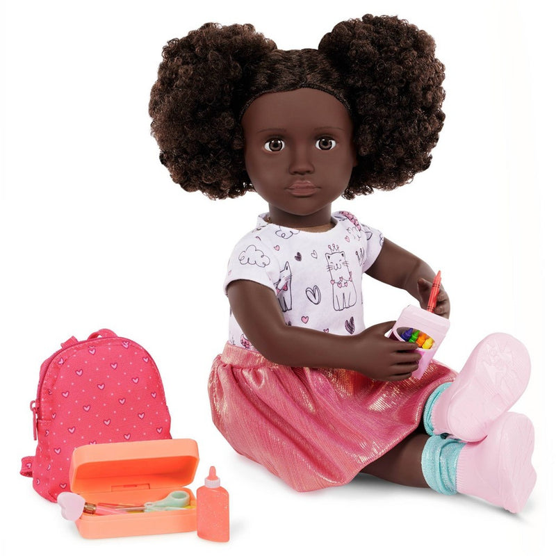 Our Generation Virginia Posable 18'' School Doll with Storybook & Accessories Set: Black Curly Hair, Brown Eyes, Backpack