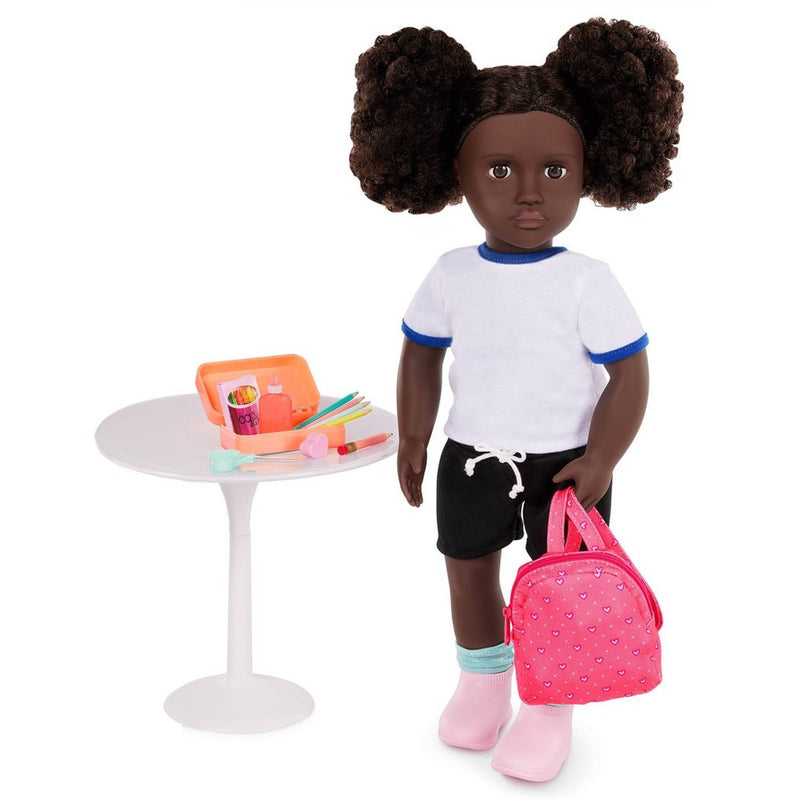 Our Generation Virginia Posable 18'' School Doll with Storybook & Accessories Set: Black Curly Hair, Brown Eyes, Backpack