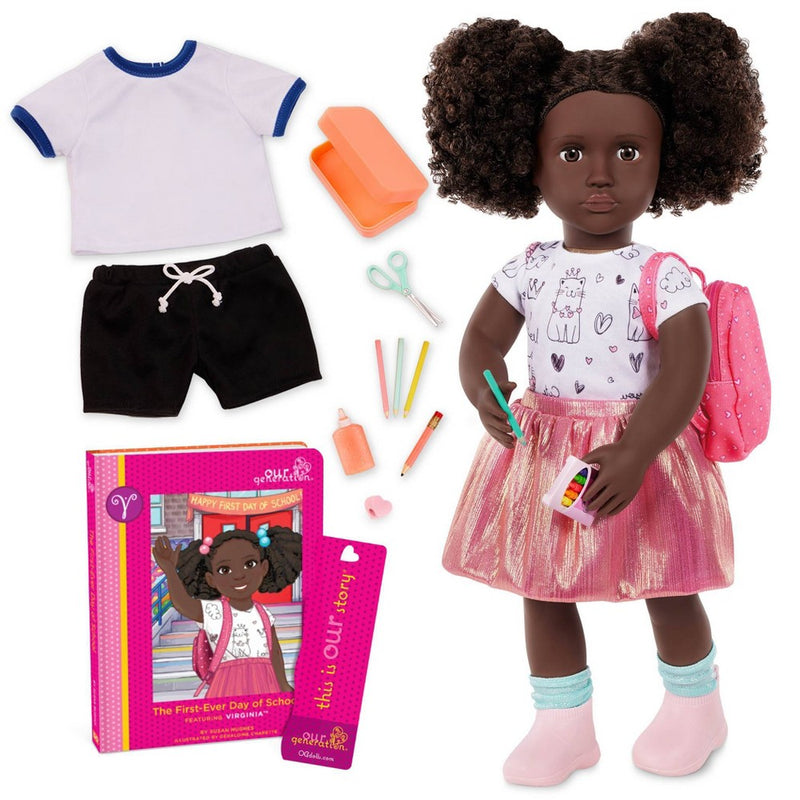 Our Generation Virginia Posable 18'' School Doll with Storybook & Accessories Set: Black Curly Hair, Brown Eyes, Backpack