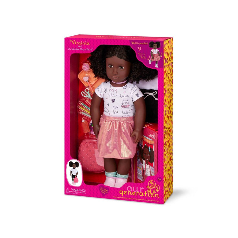 Our Generation Virginia Posable 18'' School Doll with Storybook & Accessories Set: Black Curly Hair, Brown Eyes, Backpack