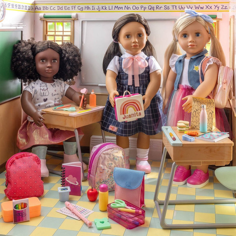 Our Generation Virginia Posable 18'' School Doll with Storybook & Accessories Set: Black Curly Hair, Brown Eyes, Backpack