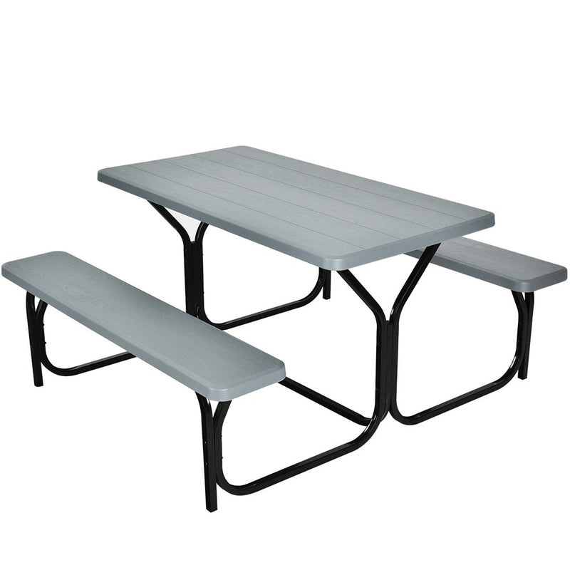 Giantex Picnic Table Bench Set Outdoor Camping All Weather Metal Base Wood-Like Texture Backyard Poolside Dining Party Garden Patio Lawn Deck Furniture Large Camping Picnic Tables For Adult (Gray) (LOCAL PICKUP ONLY)