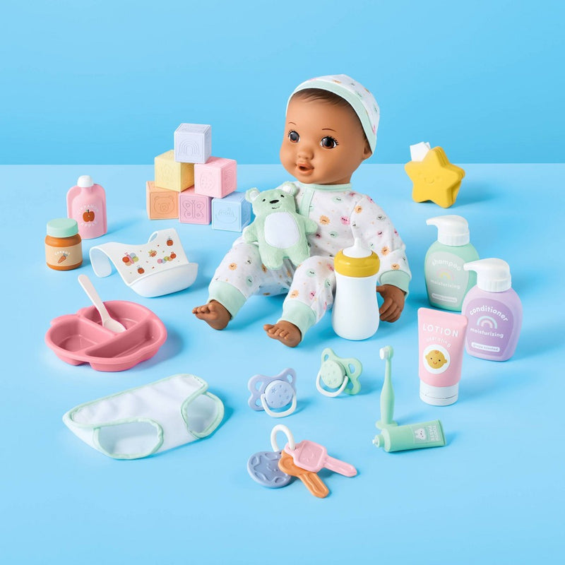 14" Baby Doll Set - Brown Hair + Brown Eyes - Gigglescape