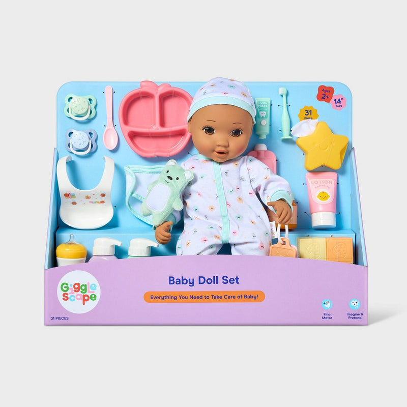 14" Baby Doll Set - Brown Hair + Brown Eyes - Gigglescape