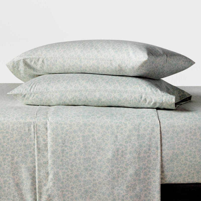 Queen Microfiber Sheet Set Pewter Aqua Ditsy Floral - Room Essentials: 4-Piece Botanical Bedding, 15" Deep, 170 Thread Count