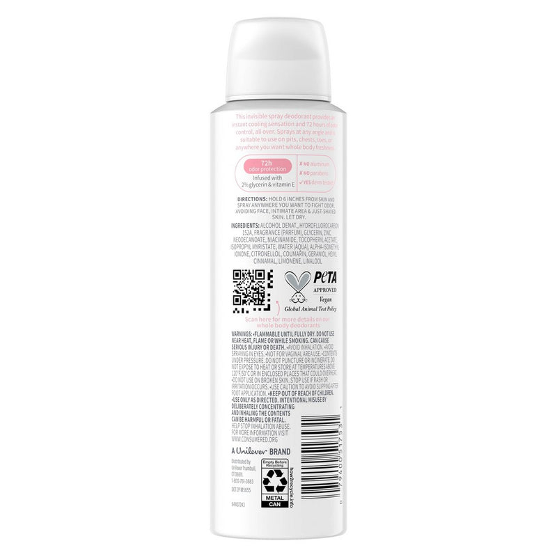 Dove Beauty Whole Body Deodorant Spray Raspberry & Rose Cooling - Aluminum-Free 4oz