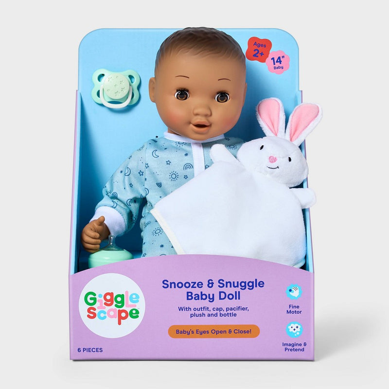 14" Snooze and Snuggle Baby Doll - Brown Hair + Brown Eyes - Gigglescape: Includes Plush, Pacifier, Outfit