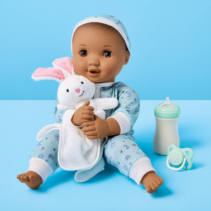 14" Snooze and Snuggle Baby Doll - Brown Hair + Brown Eyes - Gigglescape: Includes Plush, Pacifier, Outfit