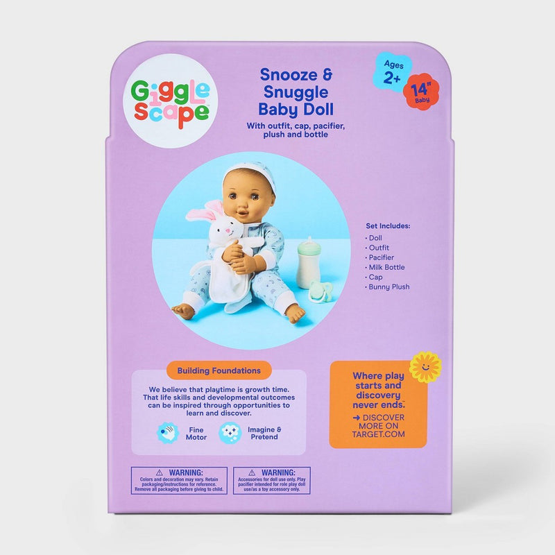 14" Snooze and Snuggle Baby Doll - Brown Hair + Brown Eyes - Gigglescape: Includes Plush, Pacifier, Outfit