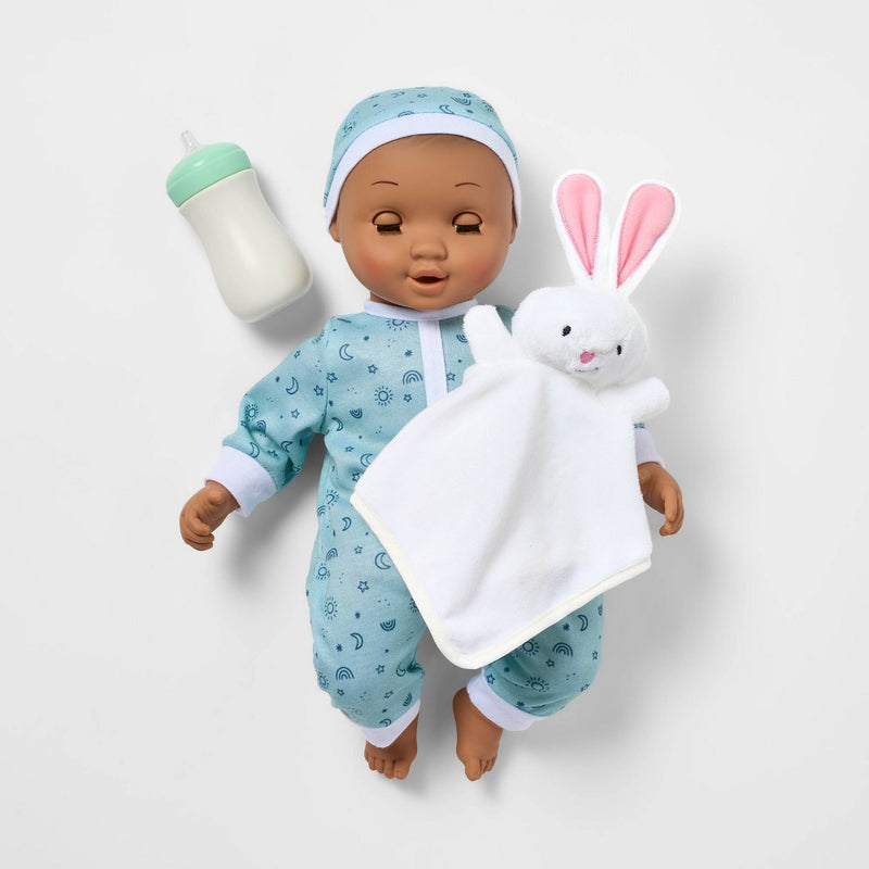 14" Snooze and Snuggle Baby Doll - Brown Hair + Brown Eyes - Gigglescape: Includes Plush, Pacifier, Outfit