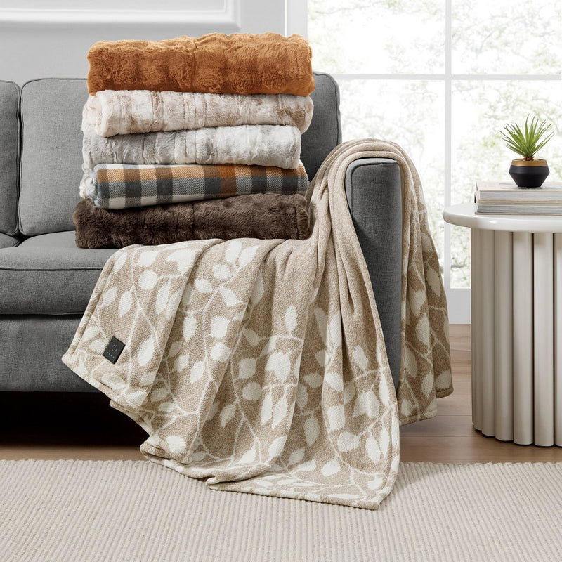 Brookstone Heated Oversized Brushed Woven Knit Throw Multi Plaid